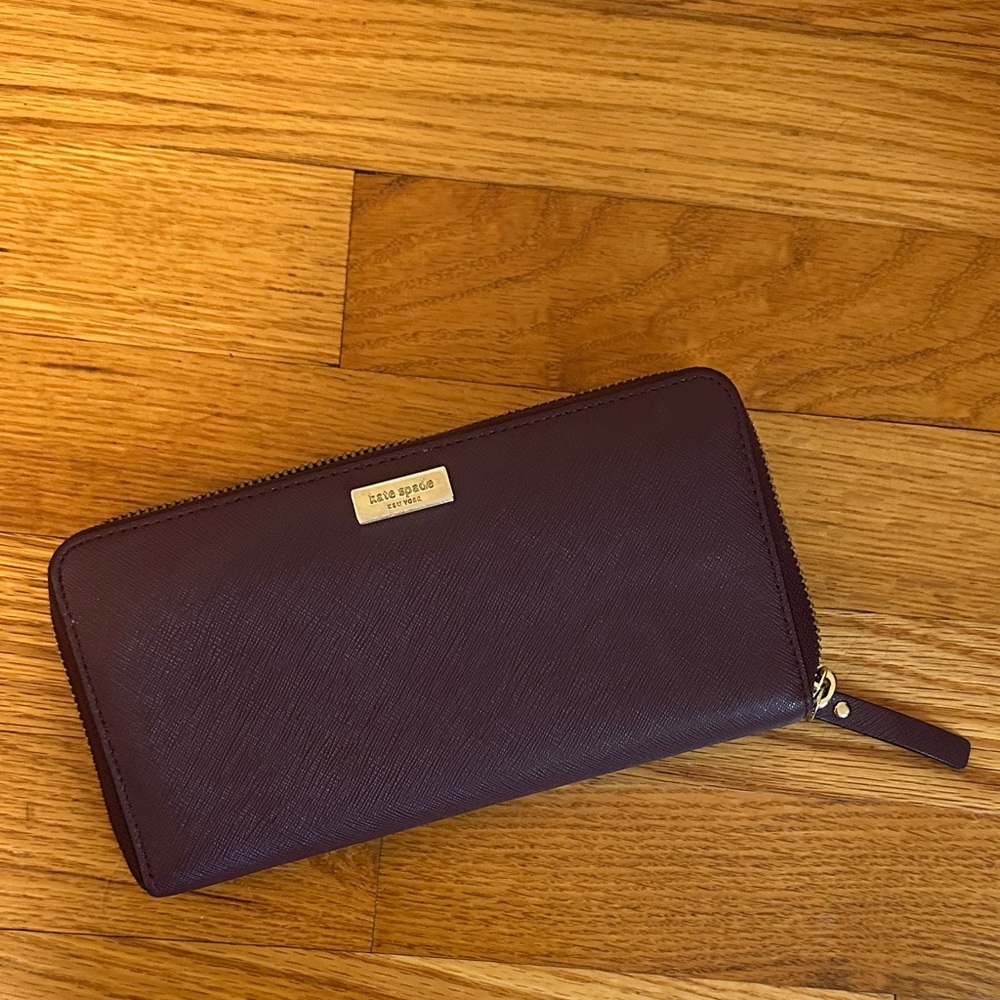 kate spade Pebbled Wine Zip-Around Saffiano Wallet with Gold Hardware